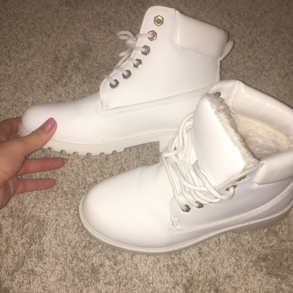 White furry inside white “timbs”